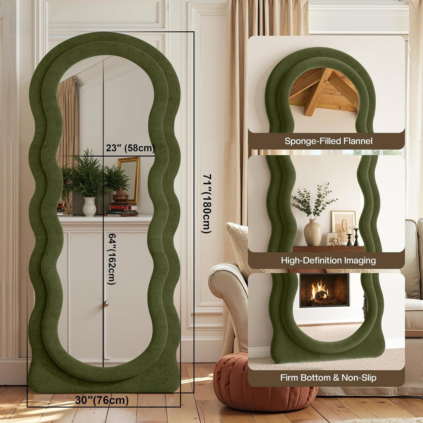Full Length Mirror 71"x30" Irregular Wavy Full Body Wall Mounted Floor Mirror with Stand Green Flannel Frame Leaning Hanging Wall for Bedroom Entrance Hallway
