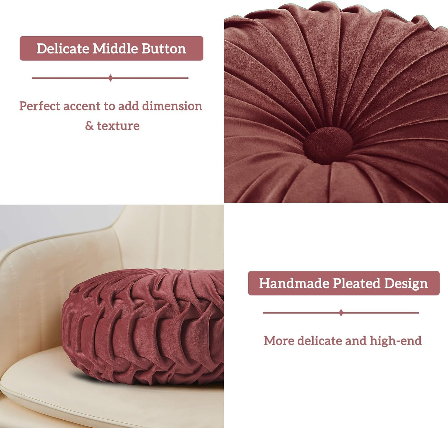 HIG Set of 2 Decorative Round Pleated Throw Pillows,Classy Accent Pumpkin Throw Pillows with Center Button,Vintage Velvet Floor Pillows for Sofa Vanity Chair Bed,Dusty Rose,14.5" Diameter(Ripple)