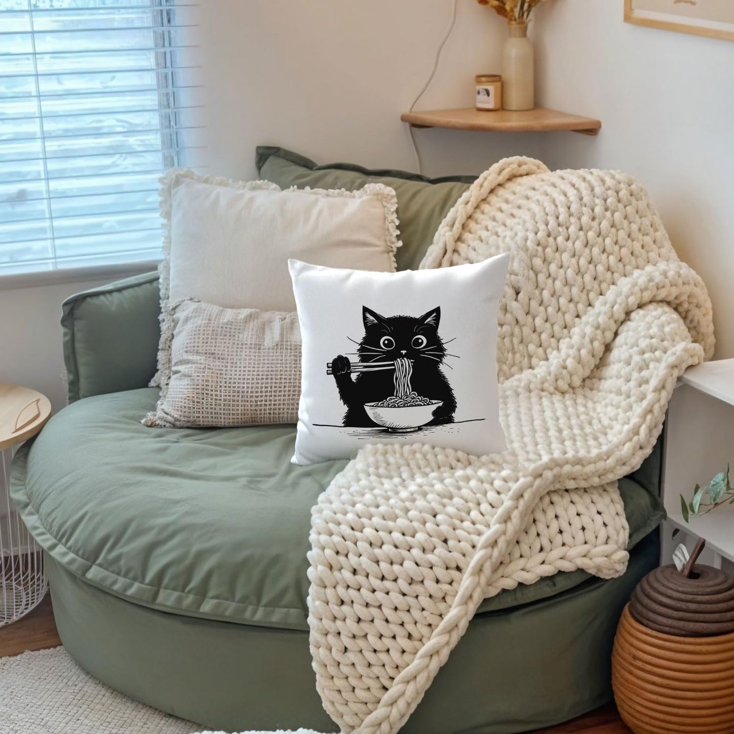 Funny Black Cat Pillow Covers 18x18, Cat Room Decor, Cute Black Kitten Eating Japanese Noodles Decorative Throw Pillow Covers Pillowcases for Bedroom Living Room Home Decor