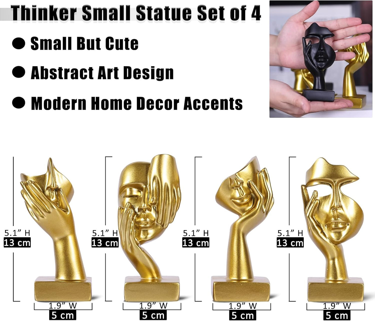 Gold Abstract Thinker Figurine Set of 4, Home Art Face Small Statue for Accents Decor Women Bedroom Shelf Bookcase Room Desk, TV Stand, Coffee Table Decor, Art Sculpture Gifts for Women (Gold)