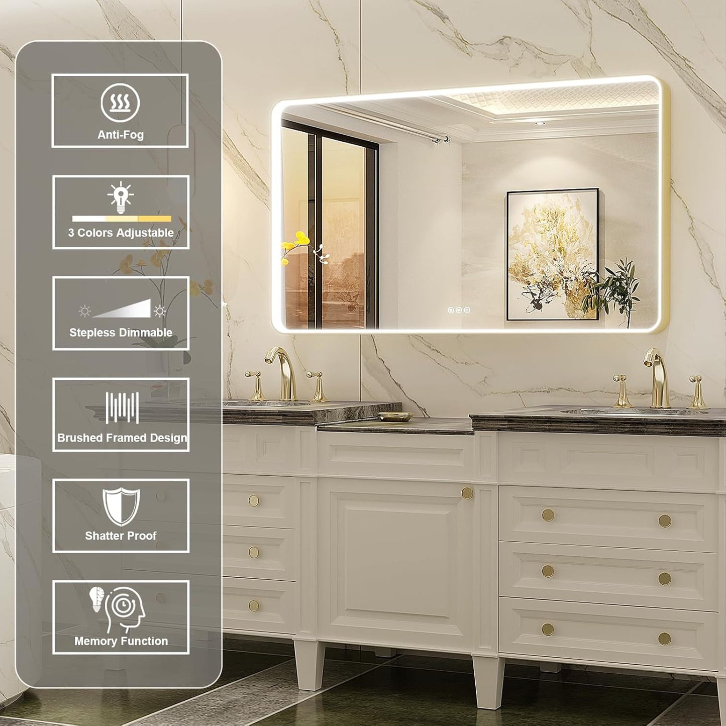 LED Mirror for Bathroom 48X28 Inch Gold Framed with Anti-Fog, Stepless Dimmable, Front Lit, LED Bathroom Vanity Mirror for Wall, Memory Function, Shatter-Proof