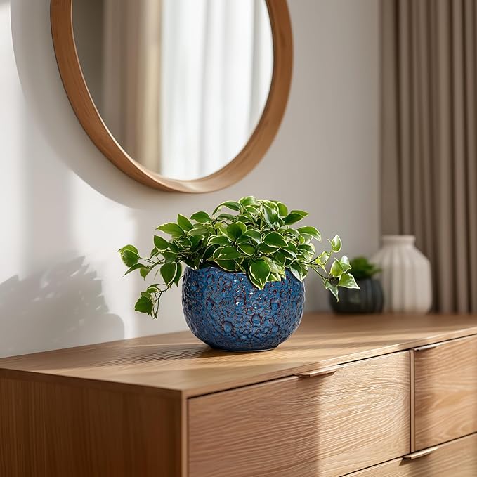 6 Inch Plant Pot - Ceramic Pots for Plants with Drainage Hole, Round Orchid Pot, Unique Planter for Indoor Outdoor, Modern Decorative Flower Pots, Room Decor, Plant Lovers Gifts, Retro Blue