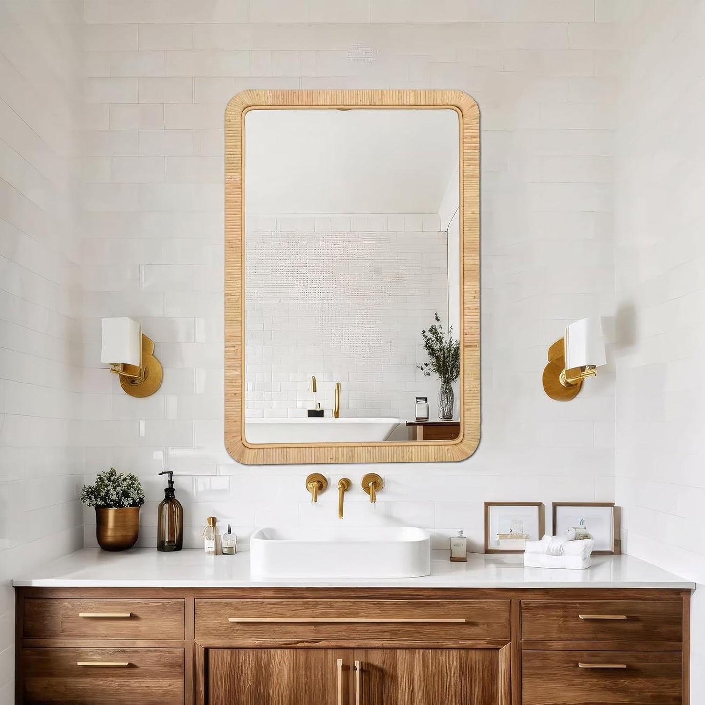 FUIN 24"x36" Rattan Wall Mirror, Natural Wicker Rectangle Bathroom Vanity Mirror, Hanging Boho Decorative Mirror for Farmhouse, Entryway, Bedroom, Living Room, Horizontal Vertical Mount