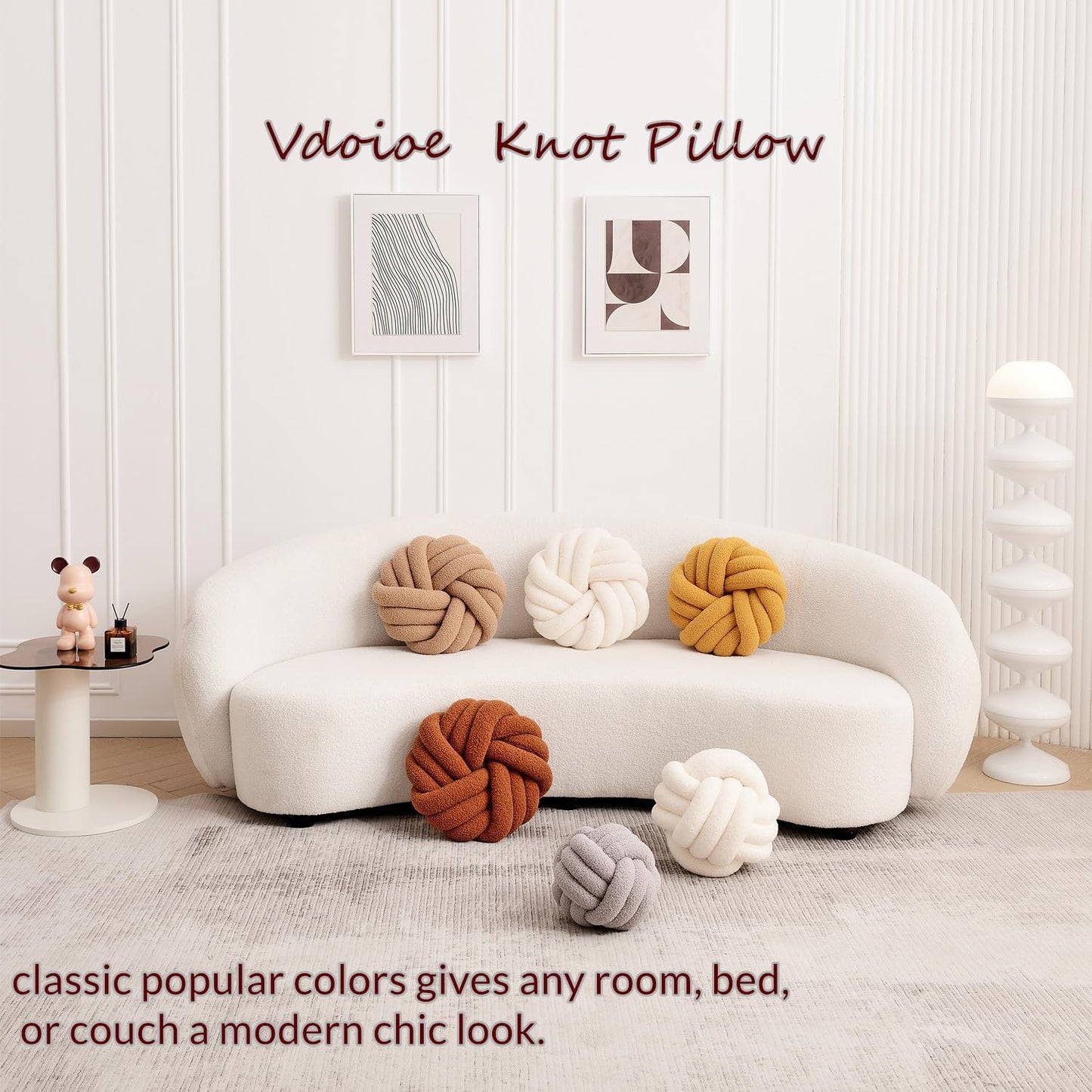 Cream White Knot Pillow 13.7'' Round Throw Pillow Soft Plush Knot Ball Pillow Handmade Knotted Pillow Modern Home Decorative Knotted Pillow Cushion for Bed Bedroom, Sofa, Couch