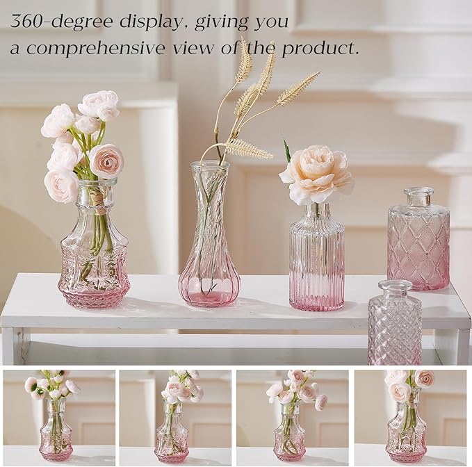 Glass Bud Vase Set of 30 - Small Vases for Flowers in Bulk - Assorted Vintage Crystal Vases for Flowers, Table Centerpieces (Pink, 30 Pcs)