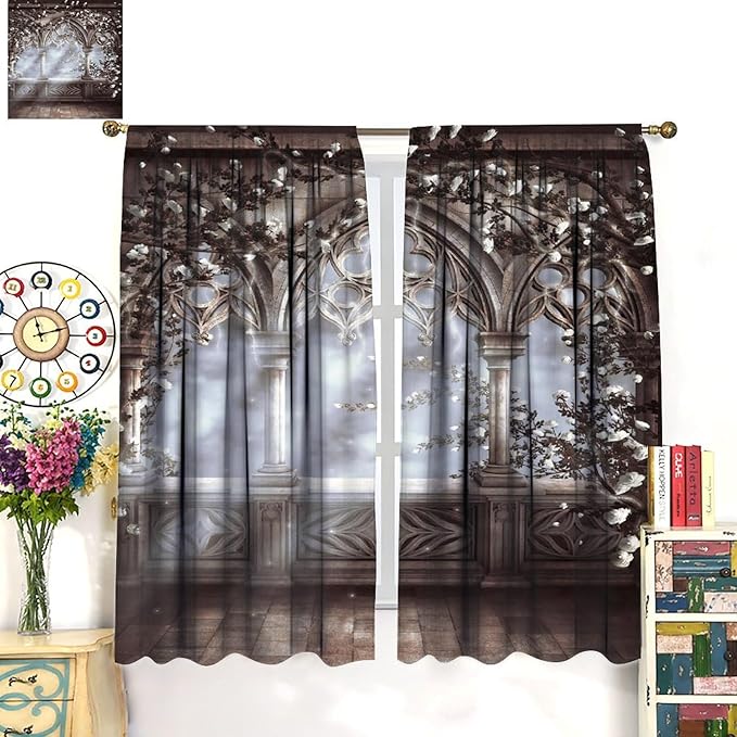 Vintage Castle Blackout Curtains，Gothic Style Romantic Mid-Century Pattern Drapes Window 2 Panel Rod Pocket Curtain for Bedroom Living Room Decor 31.5" W X 72" L