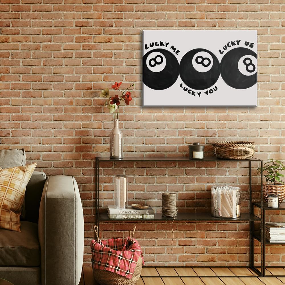 Lucky Me Lucky You Lucky Us Quote Cool Canvas Wall Art Vintage Black 8 Balls Poster Playful Billiards Print Paintings Trendy Aesthetic Pictures Decor for Home Game Room Bar Cart 24x36inch Unframed
