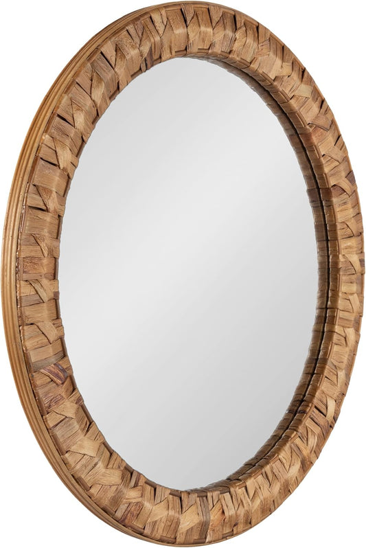 Kate and Laurel Laalima Boho Woven Round Mirror, 26 Inch Diameter, Rustic Brown, Decorative Circle Mirror with Authentic Water Hyacinth Frame for Coastal Mirror Decor
