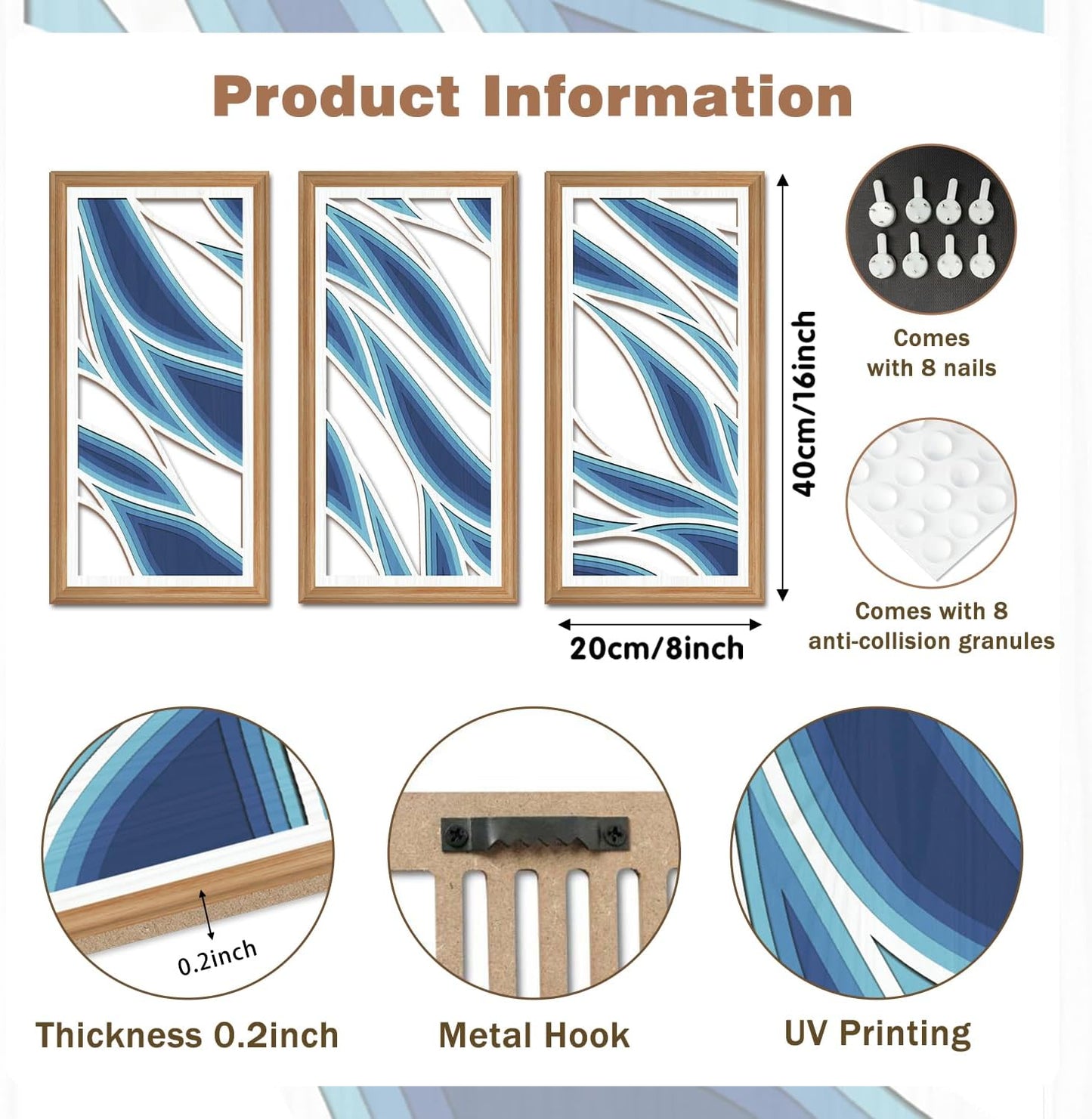 IARTTOP 3 Pcs Bohemian Abstract Wood Wall Decor Blue Mid Century Artwork Minimalist Modern Hanging Decor Boho Blue Waves Wall Art for Office Living Room Bedroom 7.9 x15.8 Inch