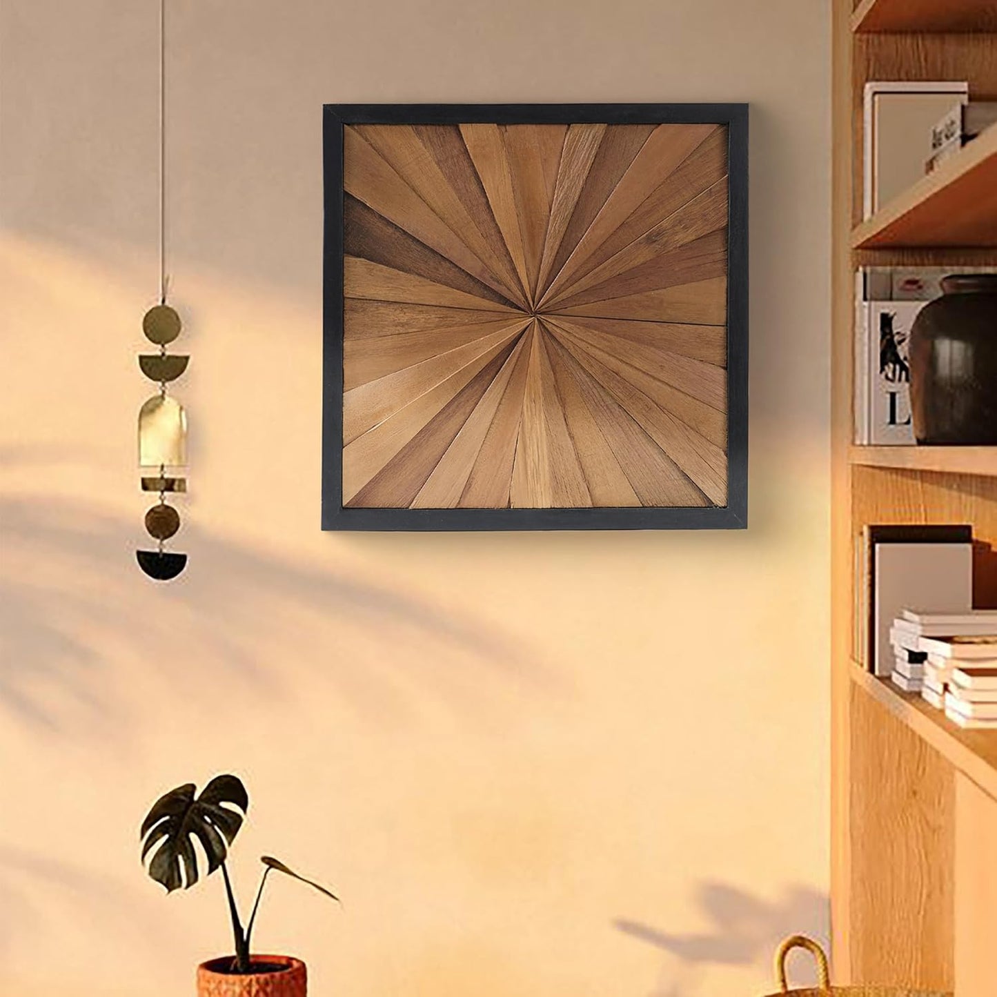 Greenage Natural Teak Wood Wall Decor 17"x17" Rustic Farmhouse Sunrise Pattern Wall Art Hanging Decoration Textured Wooden Frame Wall Panel for Home Living Room Bedroom Meeting Room