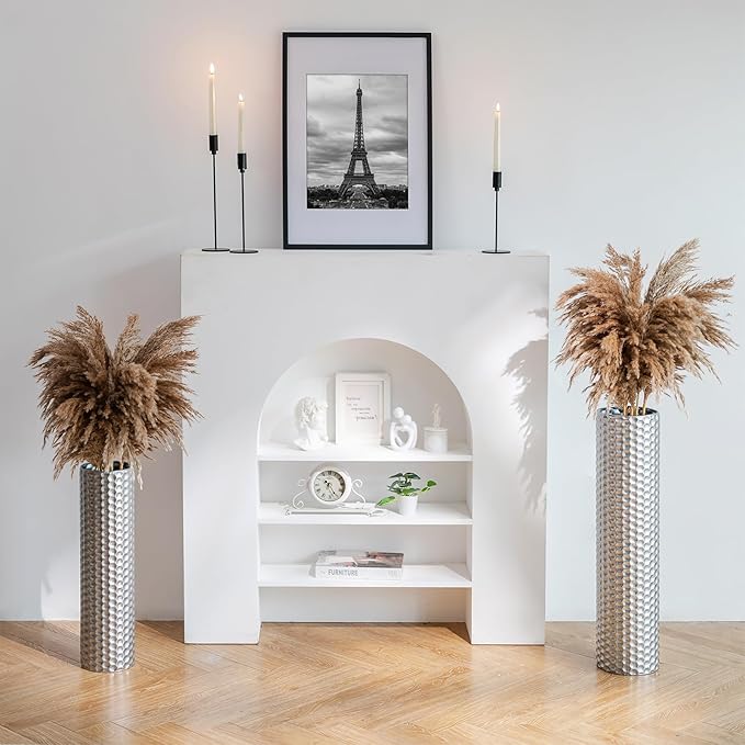 Sziqiqi Silver Tall Floor Vase: 27.6/21.7in Metal Cylinder Vases Extra Large Decorative Vase Set of 2 Living Room Modern Honeycomb Texture Big Standing Decor for Dining Bedroom Home Corner Indoor