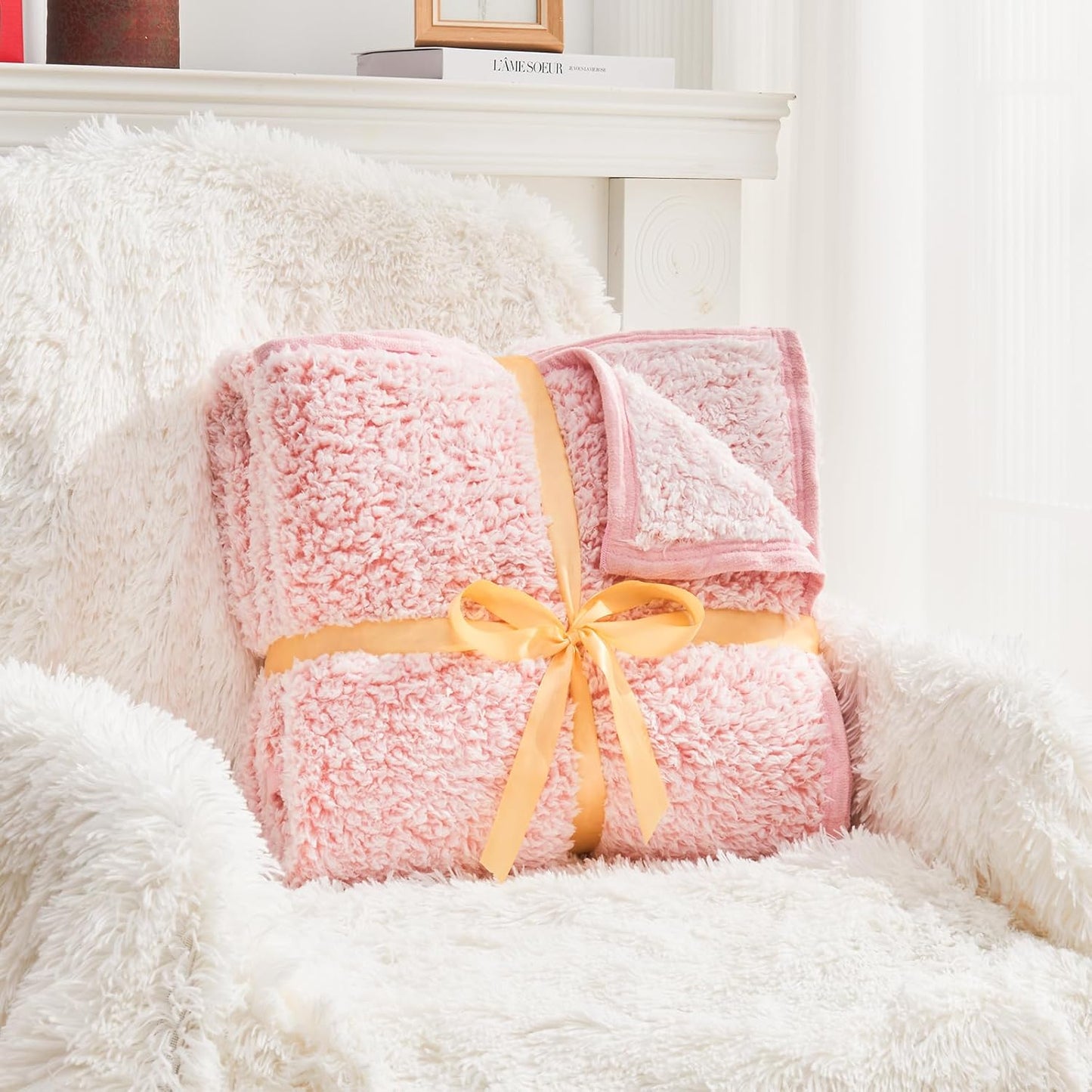 EMME Soft Sherpa Fleece Blanket Reversible Plush Fluffy Large Blanket, Light Weight Warm Decorative Boho Blanket Cover for Sofa, Couch, Bedroom,Travel(Plush Pink,60"x80")