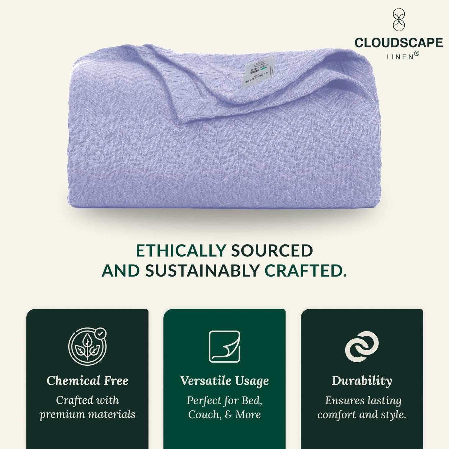 Cloud Scape Linen Herringbone Cotton Throw Blanket for Couch, Bed,Sofa, Home Decor, Soft, Lightweight, All-Season Bed Blanket, 50 x 70, Lavender Blue