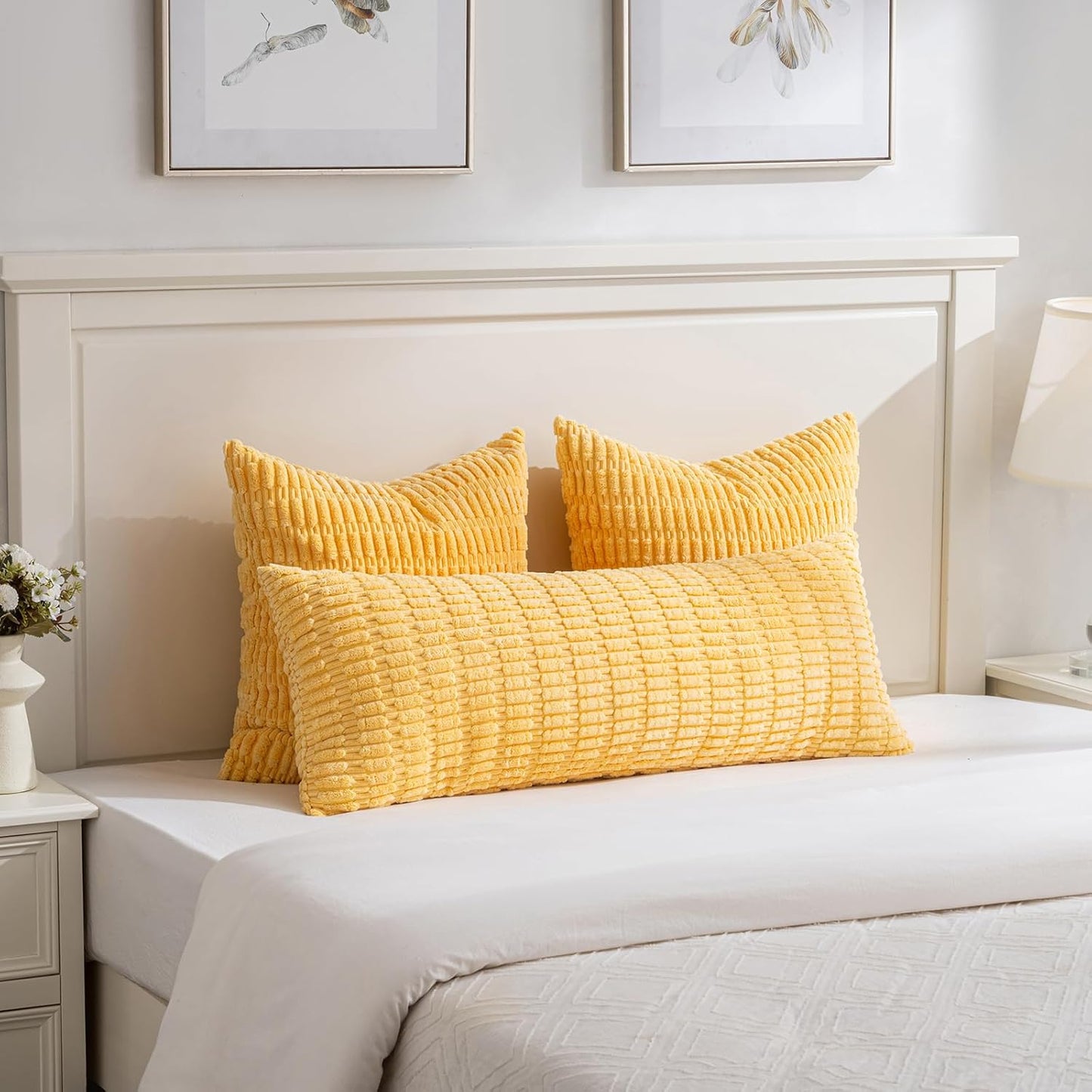 Fancy Homi 1 Pack Yellow Spring Long Lumbar Body Decorative Throw Pillow Covers 14x36 Inch for Bed Couch Bedroom Bench, Soft Corduroy Rectangle Solid Pillow Case 35x91 cm, Rustic Farmhouse Boho Decor