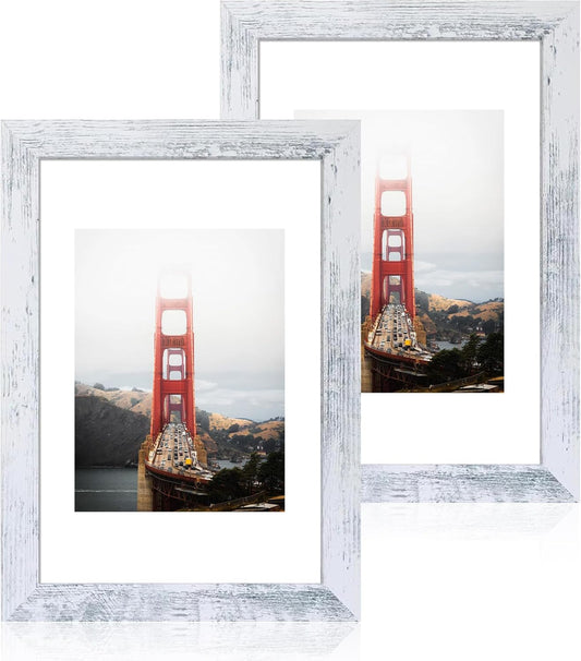 iRahmen 8x12 Picture Frame Set of 2, Distressed White Wood Photo Frame with HD Glass - Display Pictures 6x8 with Mat or 8 x 12 without Mat for Horizontal or Vertical Tabletop and Wall Mounting