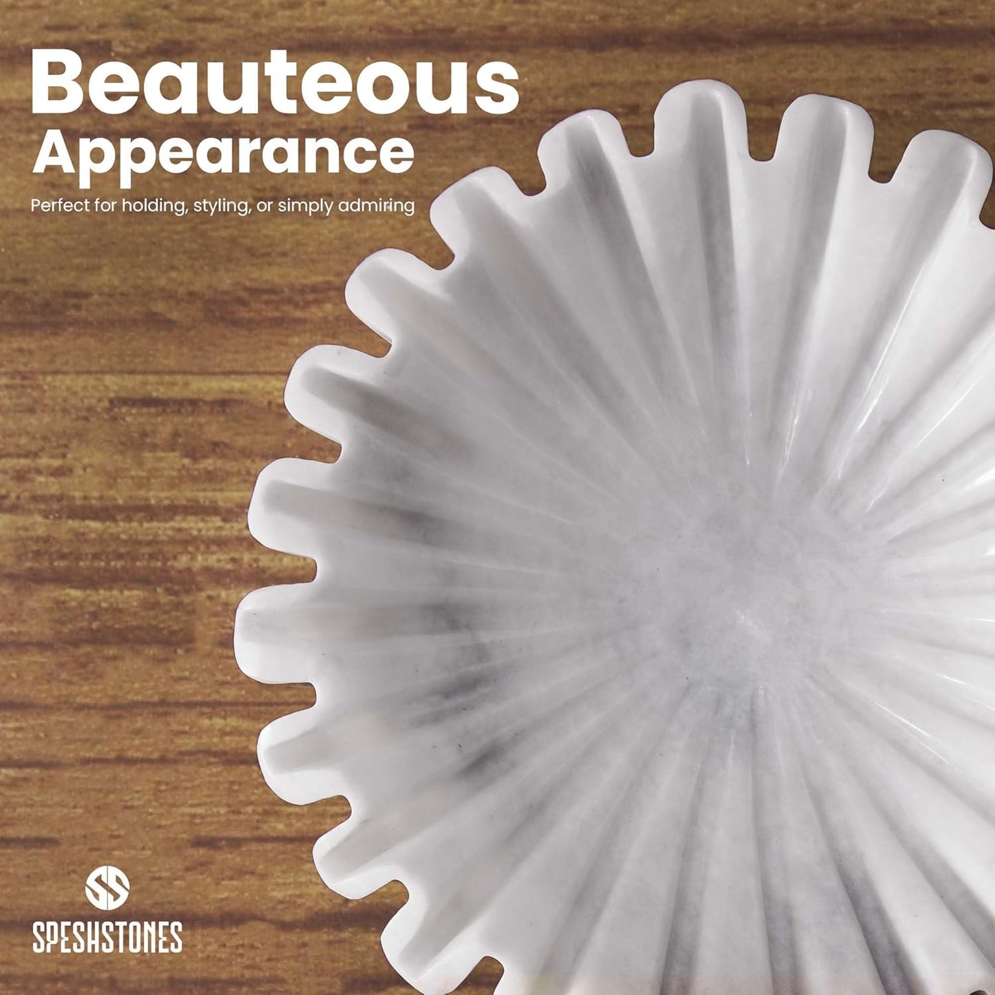 Marble Decorative Bowl 10 Inch Handmade White Fruit Bowl for Kitchen Counter - Large Ruffle & Scalloped Bowls for Dining, Coffee Table Centerpieces & Home Decor