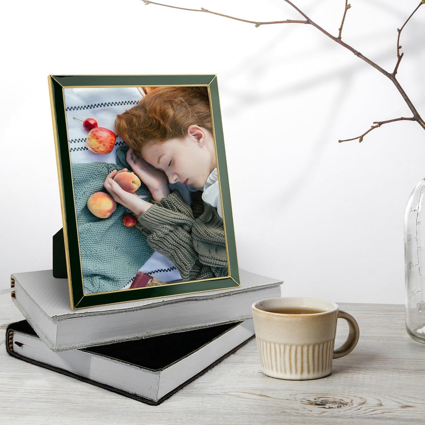 Frametory Enamel Picture Frame - 8x10 Gold Metal Edge Green Enamel Picture Frame With Easel and Velvet Back for Tabletop Display, Bookshelf, 8x10 Wall Decoration, Photo Frames-2 Set