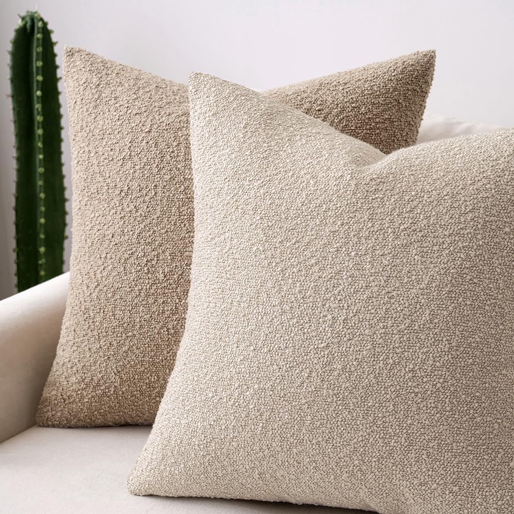 MIULEE 22x22 Inch Decorative Euro Sham Throw Pillows for Bed Set of 2 Textured Boucle Neutral Winter Throw Pillow Covers Oatmeal Accent Solid Euro Couch Pillowcases Sofa Livingroom Home Decor