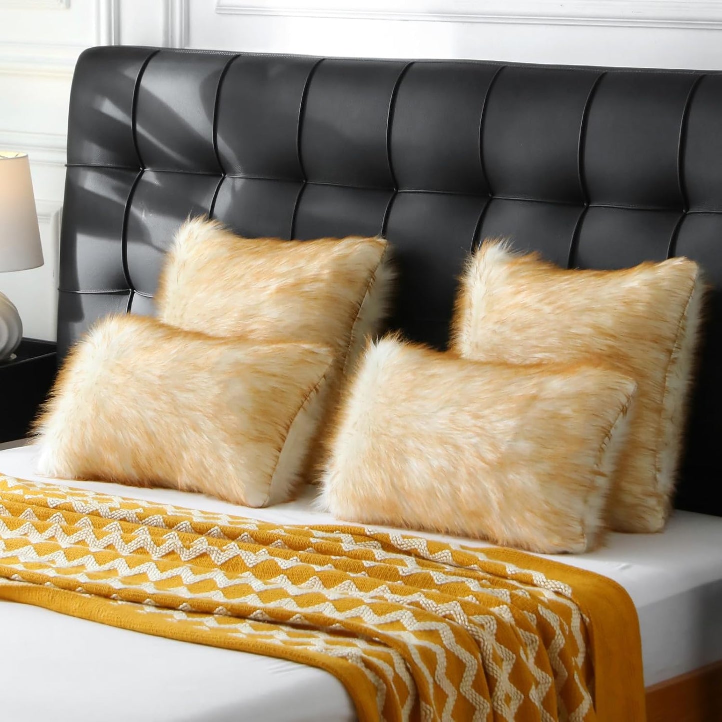 FUTEI Brown White Decorative Throw Pillow Covers 24x24 Inch Set of 2,Soft Fluffy Faux Fox Fur Textured European Cushion Case,Modern Home Decor for Couch Living Room