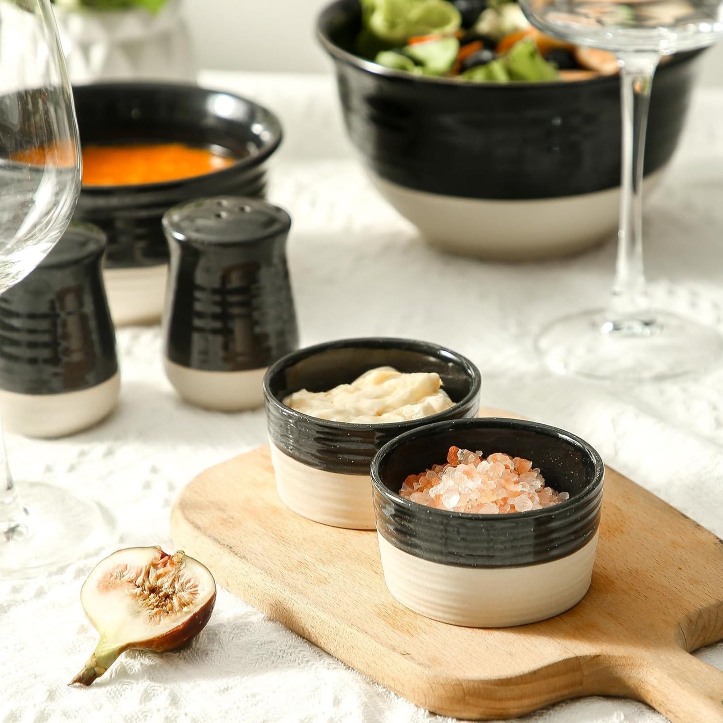 Hasense Porcelain Ramekins 4 oz Oven Safe, Mini Souffle Dishes Set of 6, Stylish Baking Cups, Perfect for Creme Brulee, Ice Cream, Dipping, Desserts, Appetizers, Glossy Black & Matte Ash Gray