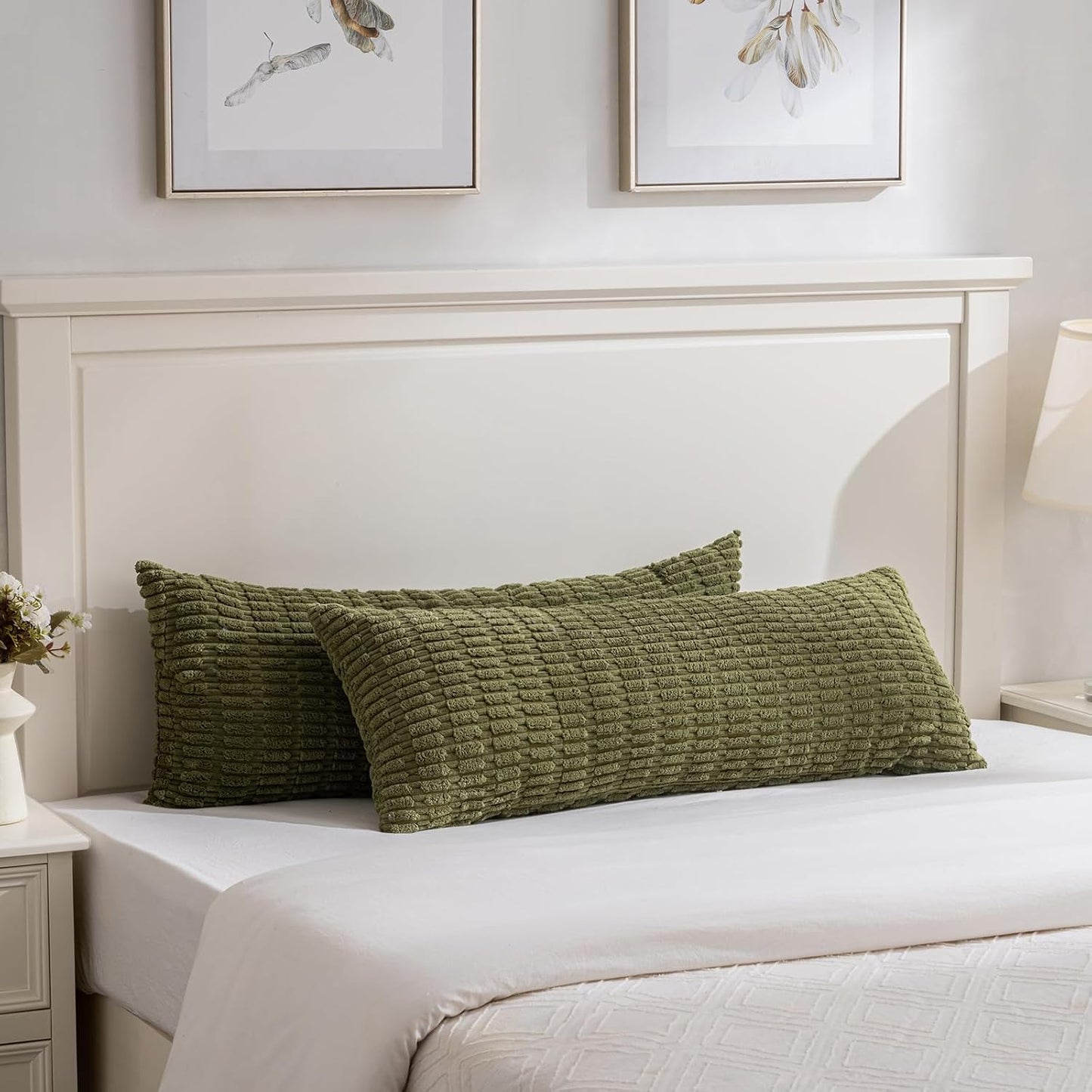 Fancy Homi 1 Pack Moss Green Long Lumbar Body Decorative Throw Pillow Covers 14x36 Inch for Bed Couch Bedroom Bench, Soft Corduroy Rectangle Solid Pillow Case 35x91 cm, Rustic Farmhouse Boho Decor