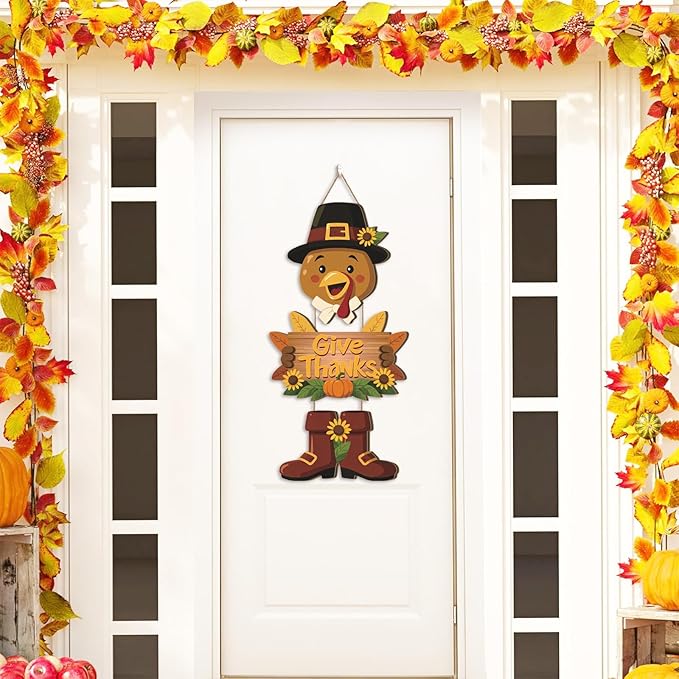 Turkey Door Decor,Hello Fall Door Sign,Thanksgiving Day Sign,Autumn Wall Decor Give Thanks,Turkey Harvest Thanksgiving Door Decoration for Porch Farmhouse Outdoor Home Indoor Yard Office Party