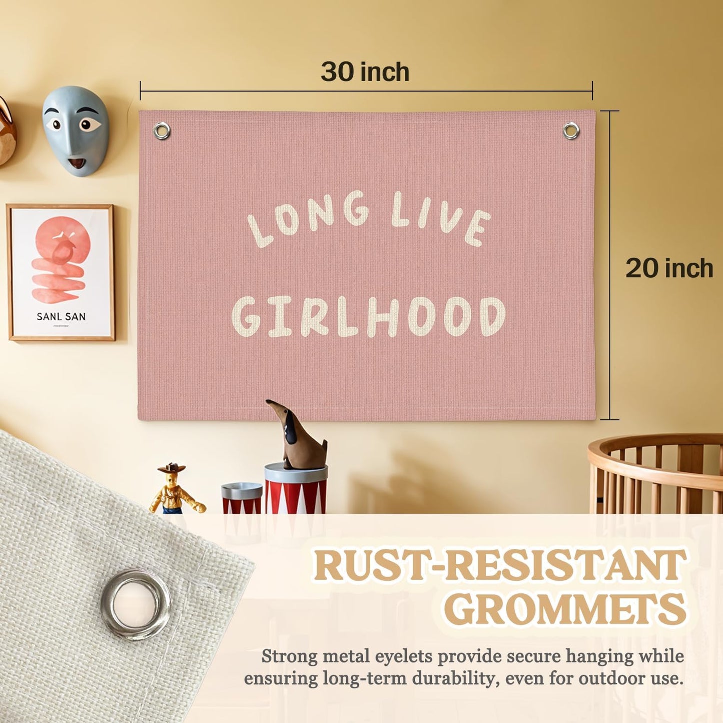 Girls Room Wall Art Decor,Long Live Girlhood Linen Canvas Banner–Pink Wall Hanging Flag Decor for Girls Room, Nursery Kids Bedroom Dorm Toddler Decorations - 20x30 Inch