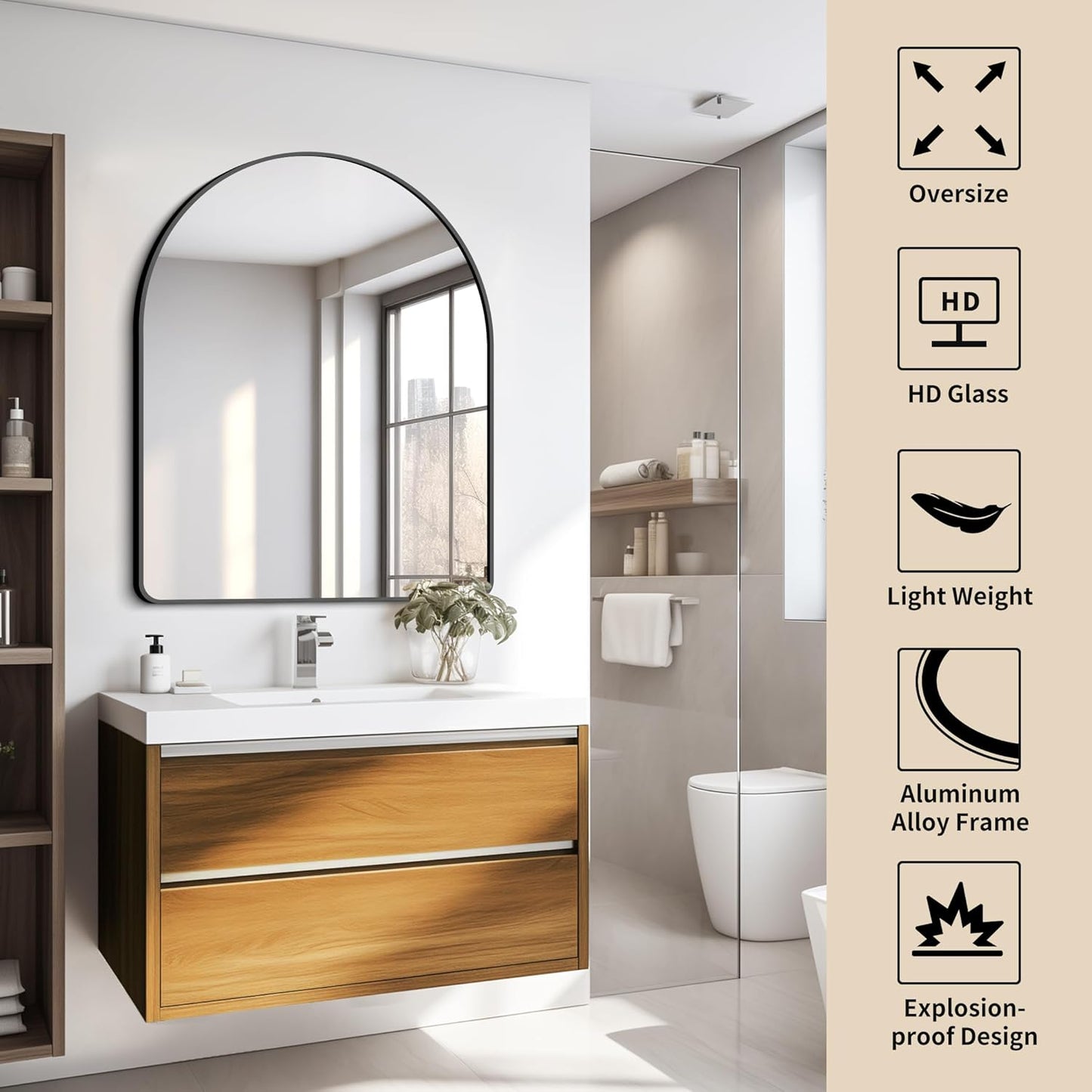 FORBATH Arched Bathroom Mirror 30x36 Inch, Bathroom Mirror Wall Mounted Modern Black Aluminum Frame Decor Dresser Mirror for Bedroom Living Room Entryway, Hanging or Leaning Against Wall