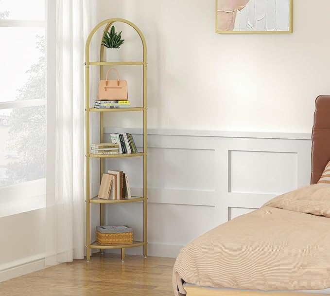 Homhedy 5-Tier Corner Shelf Stand, Metal Corner Bookshelf, Tempered Glass Shelves, Bathroom Storage Rack Shelf, Plant Stand, Modern Style, Golden