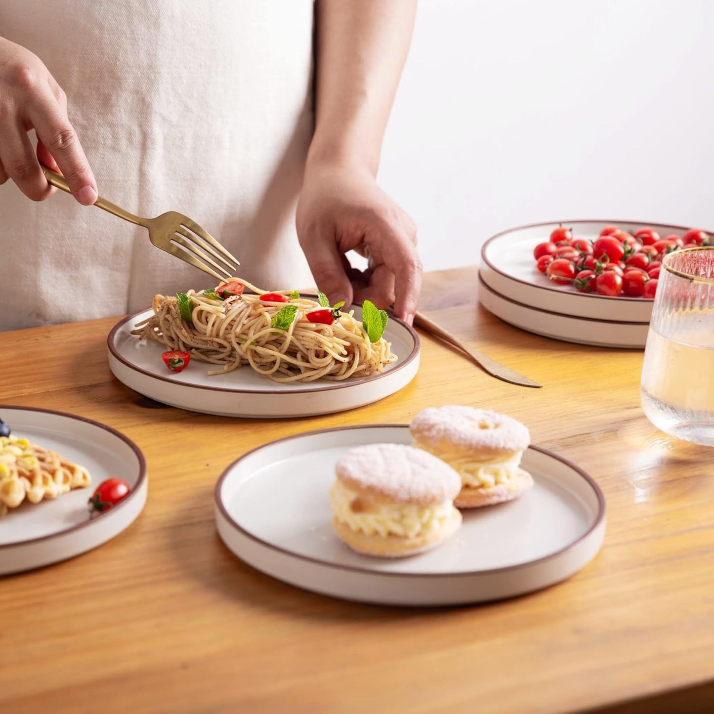 LERATIO Ceramic Plates,8.0 Inch Flat Salad Plates Set of 6,High Edge Modern plates for Kitchen,Microwave & Dishwasher & Oven Safe, Scratch Resistant Dishes Set-Matte White with Rim