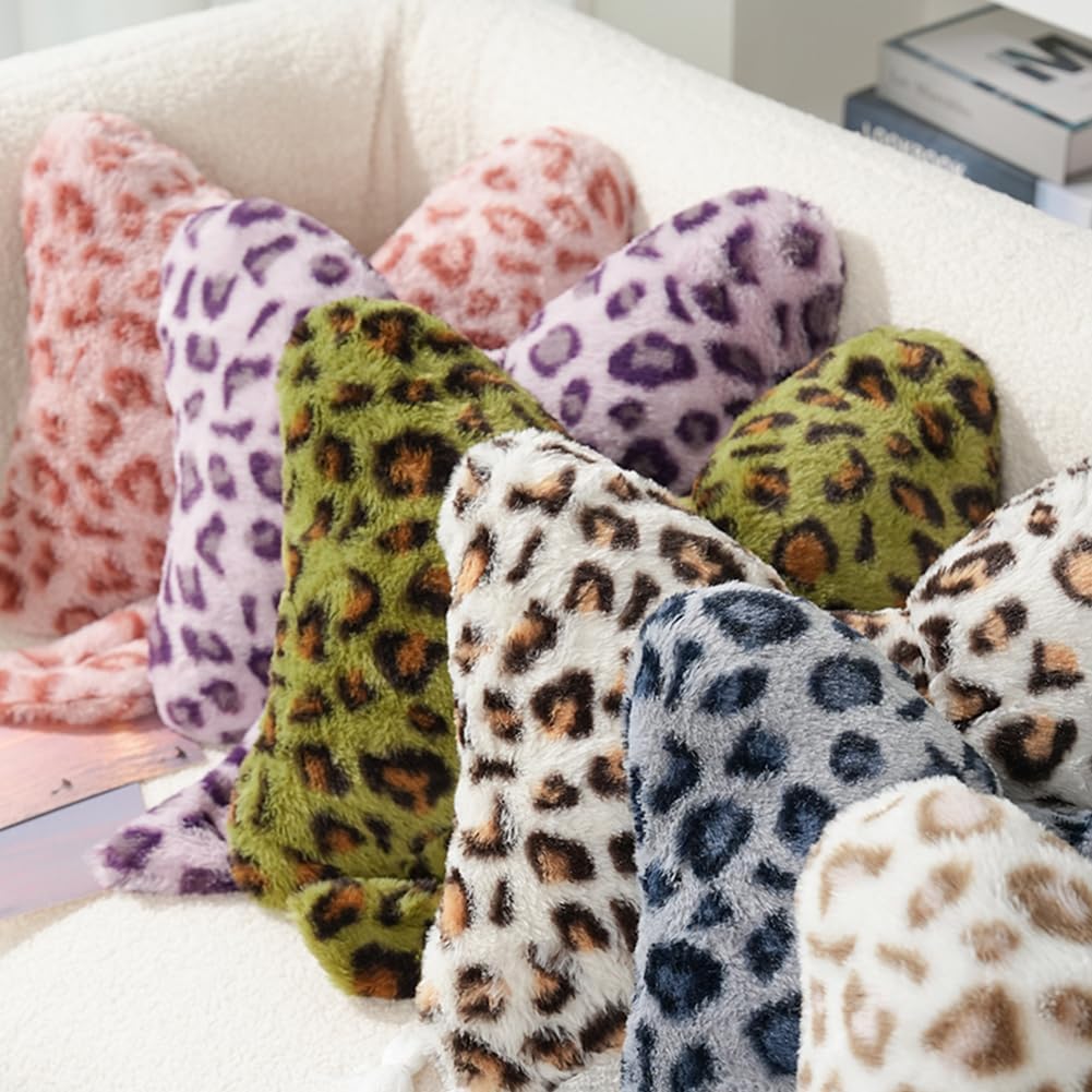 Leopard Print Throw Pillow Furry Bow Plush Pillows Cute Flower Plush Pillow Cheetah Home Decor Stuffed Bow Lumbar Pillow for Bed Couch Living Room Decor (White-B, 16in)