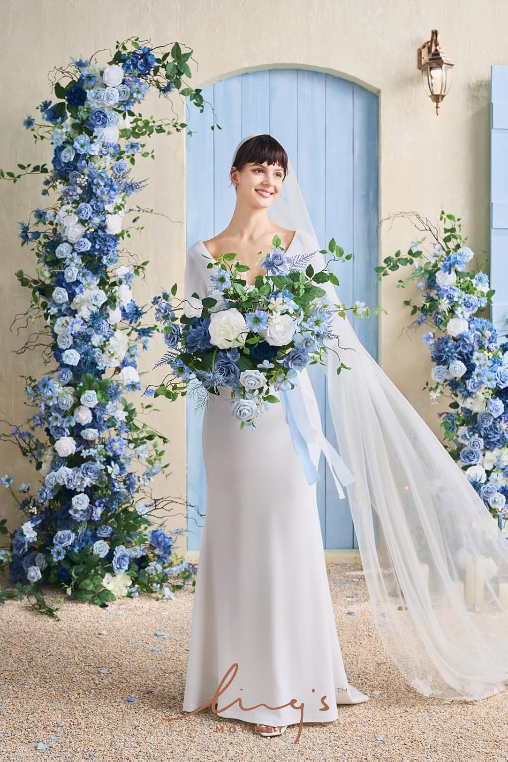 Ling's moment Dusty Blue Wedding Bouquets for Bride, Blue and White Bridal Bouquets for Bride,15 Inch Free Form Artificial Wedding Flower Bouquet