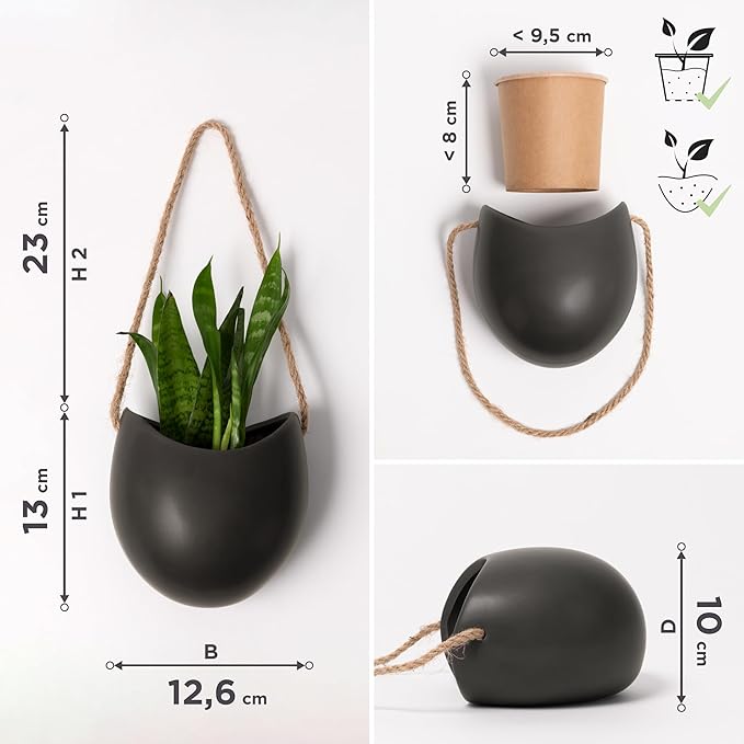 Kazai. Wall Planters -Ellie- | Hanging Ceramic Plant Pots 3 Pieces | Wall Decoration for Indoors, Balcony and Garden | Graphite (Matte)