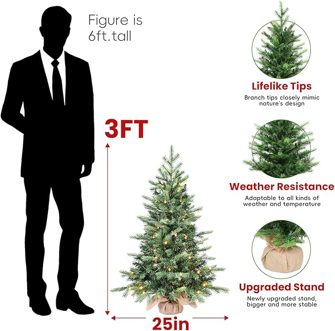 3ft Pre-lit Small Christmas Tree Artificial Nordic Spruce Mini Table Top Christmas Tree with 70 LED Lights 315 PE & PVC Mixed Branches Tips Burlap Wrapped Base Xmas Tree for Home Office Decor