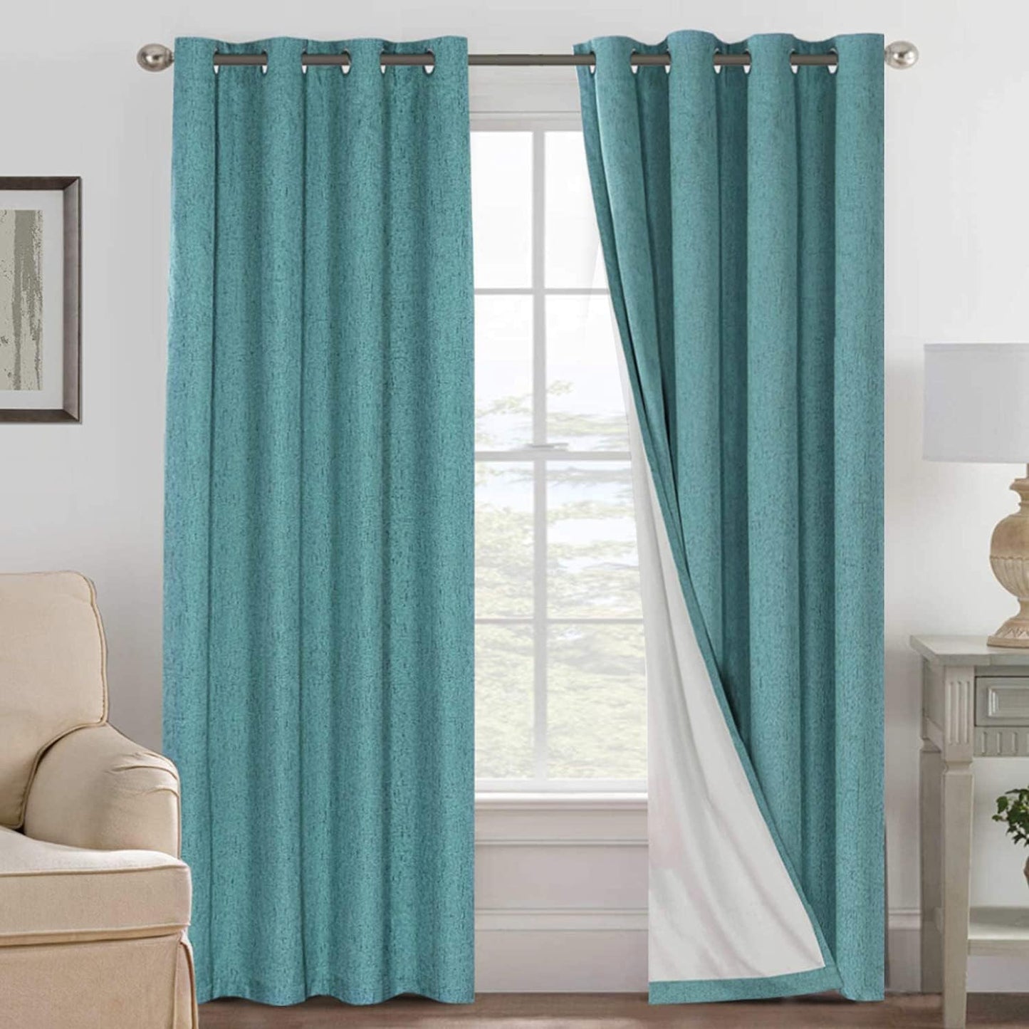 H.VERSAILTEX Linen Blackout Curtains 108 Inches Long 100% Absolutely Blackout Thermal Insulated Textured Linen Look Curtain Draperies Anti-Rust Grommet, Energy Saving with White Liner, 2 Panels, Teal