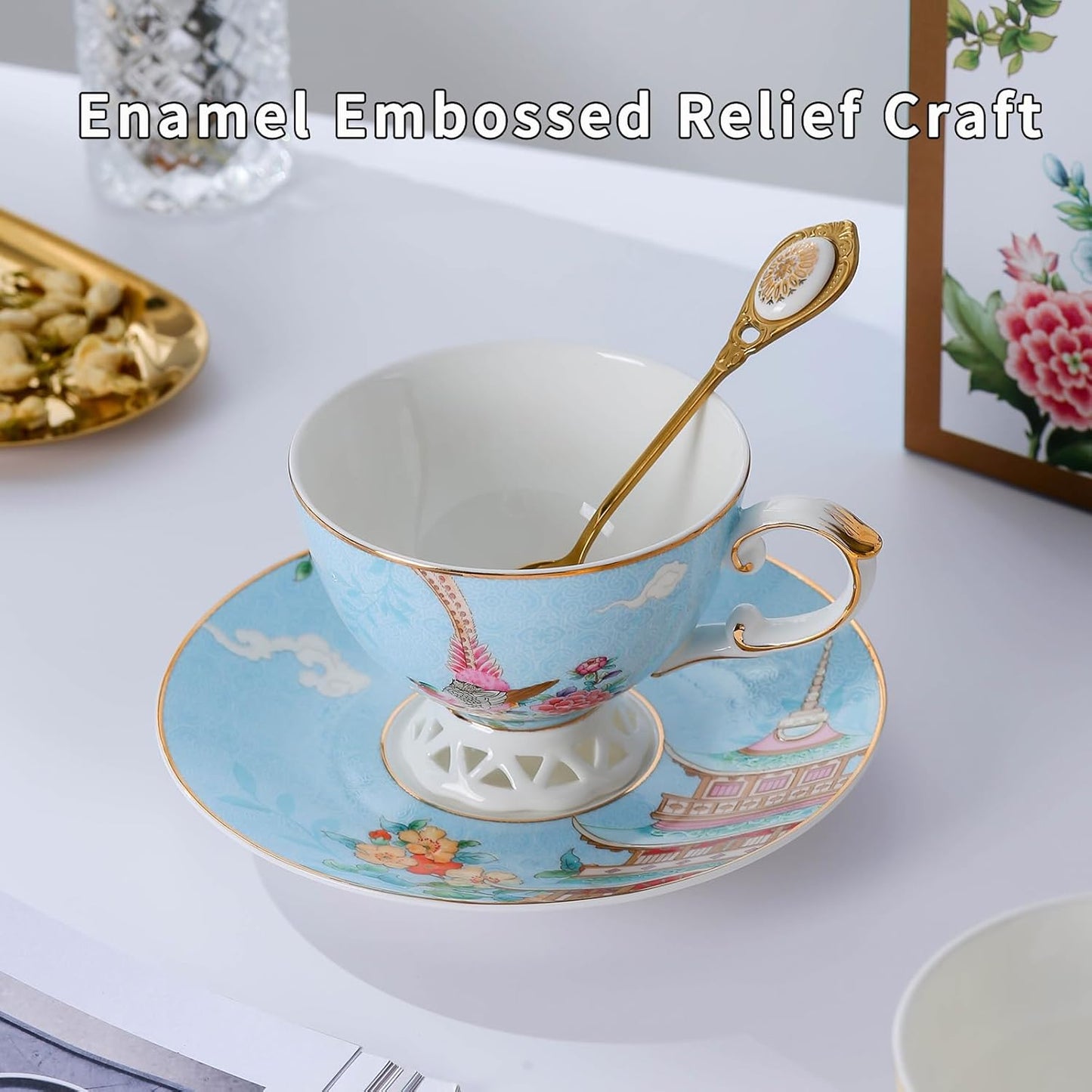 Blue Tea Cup and Saucer Set, Bone China Tea Cup and Saucer with Spoon, Porcelain Floral Teacup Set with Gold Trim, Dishwasher Safe, Food Grade, Gift for Women, Mom, Friends, 6.8 oz