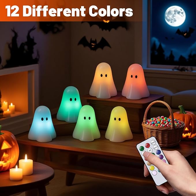 Wondise Halloween Flameless Candles Color Changing with Remote Timer, Real Wax Battery Operated Flickering Halloween Spooky Ghost Candles for Halloween Decoration Gift （D 3" x H 3.5"）