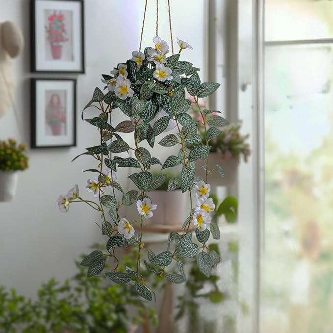 2PCS Artificial Hanging Plant with Pot Faux Hanging Plants Small Hanging Plants Pot with Artificial Vines and Flower Greenery Decoration for Living Room Wall Home Wall Shelf (White)