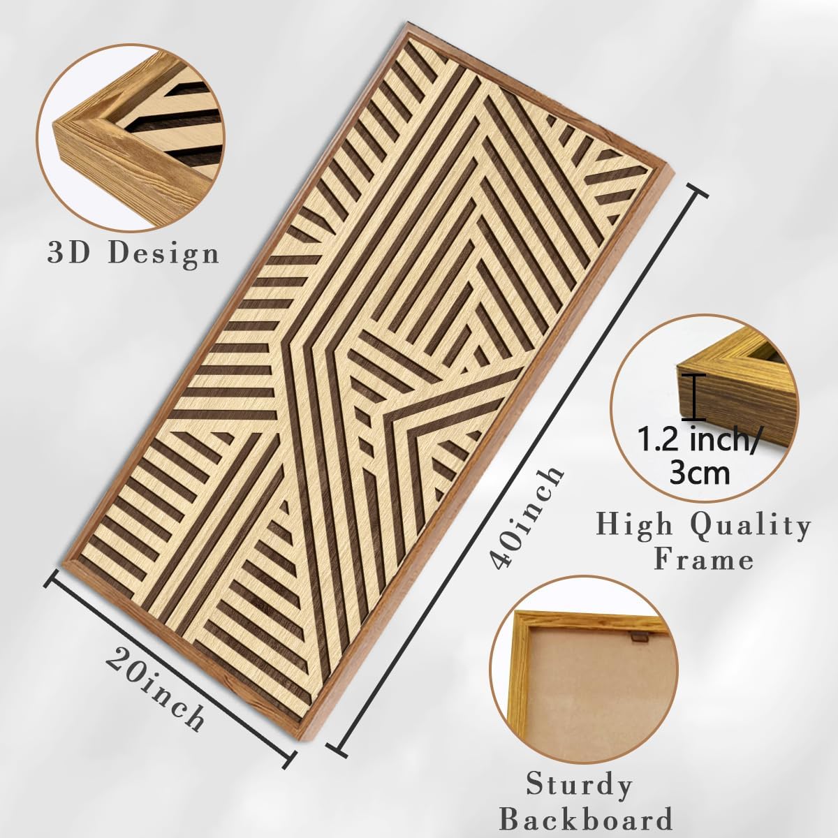 IARTTOP Large Wood Boho Geometric Wall Art for Living room Framed 3D Abstract Wooden Wall Decor Neutral Minimalist Artwork Home Bedroom Office 20x40 Inch