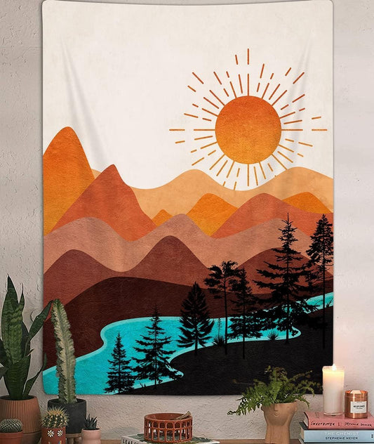 DYNH Boho Mountain Vertical Tapestry, Nature Forest Tree Lake Sun Tapestries, Bohemian Minimalist Mid Century Desert Tapestry Wall Hanging for Bedroom College Dorm Asthetic Home Decor,70X90IN