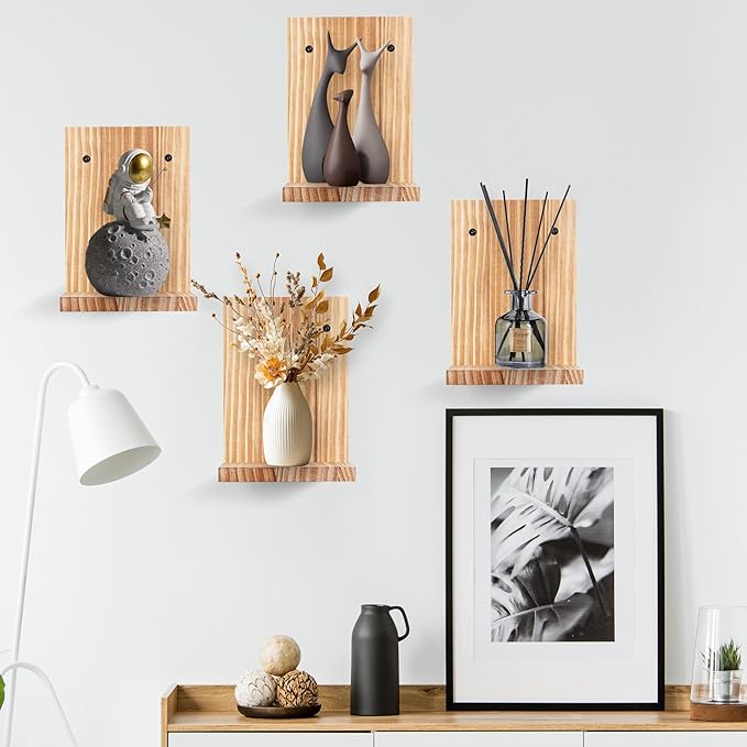 Small Wall Shelf,L-Shaped Small Floating Shelves for Plants Speaker Table Lamp Display,Wooden Ledges Indoor Modern Midcentury Decorative for Gallery Living Room Porch,Pine,2 Pack（Carbonized Brown）