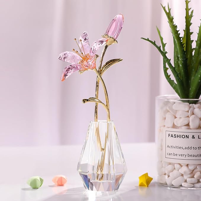 LONGWIN Crystal Artifical Tiger Lily Flowers with Vase - Pink Crystal Collectible Figurines Decorative Blooming Lily Flower for Home and Wedding