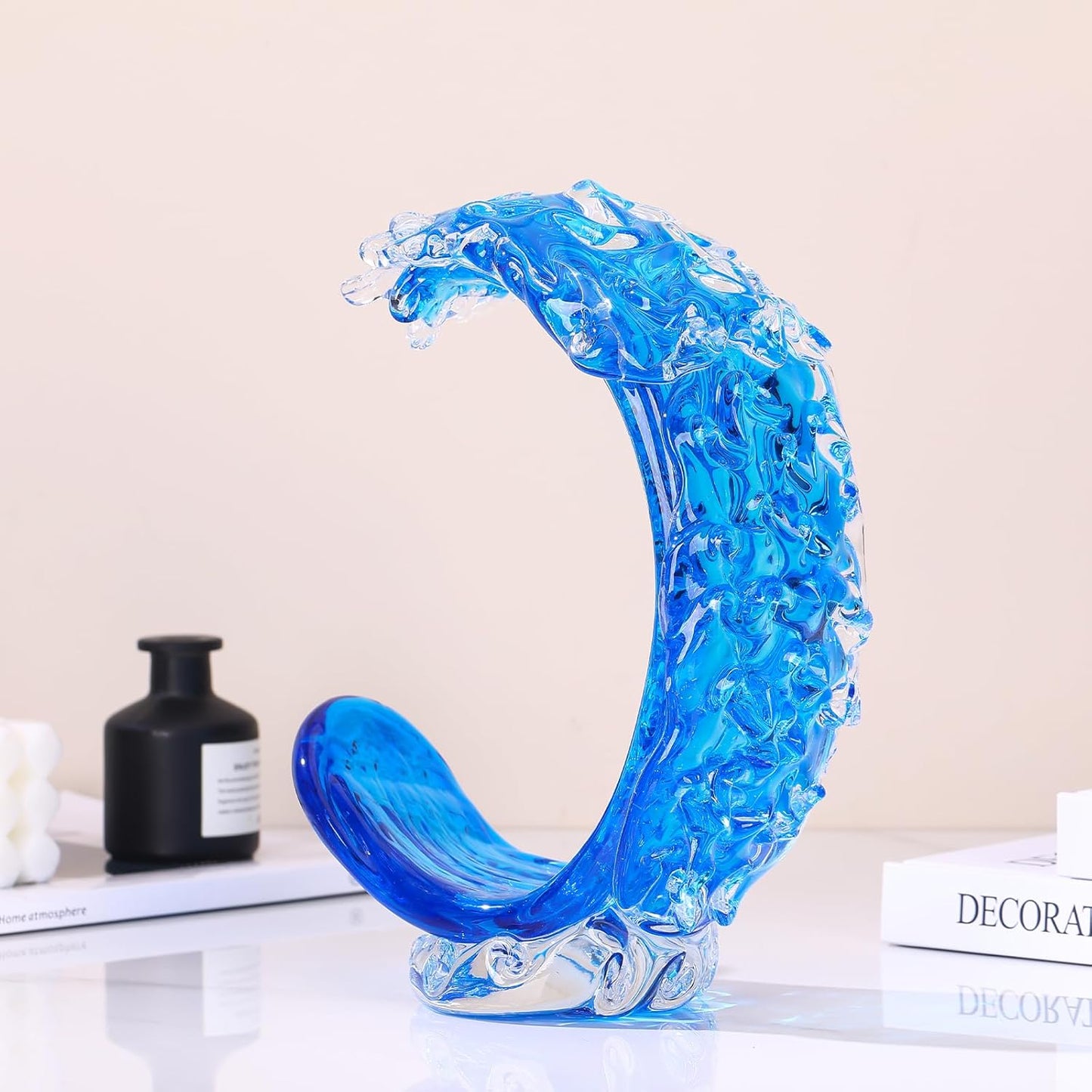 LCCCK Blue Glass Beach House Decor, Hand Blown Ocean Wave Decorate, Tall Blue Glass Sculpture Home Decor, Ocean Wave Fused Art Figurines, for Sea Art Beach Coastal Nautical Office Surfers Gifts