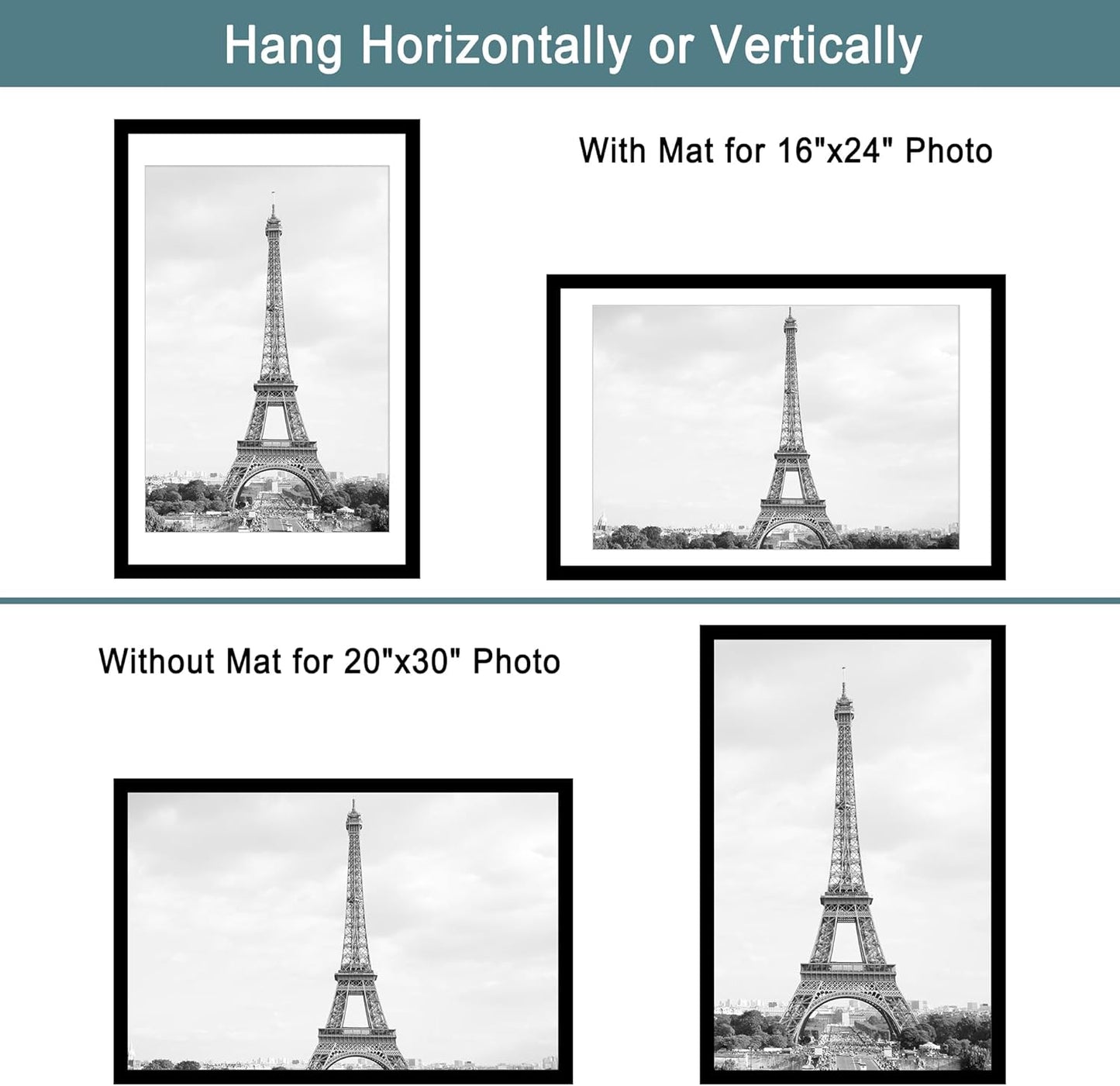 iRahmen 20x30 Poster Frame Set of 2 with Plexiglass, Black Wood Frames for Wall Mounting Display Picture 16x24 with Mat or 20 x 30 Without Mat