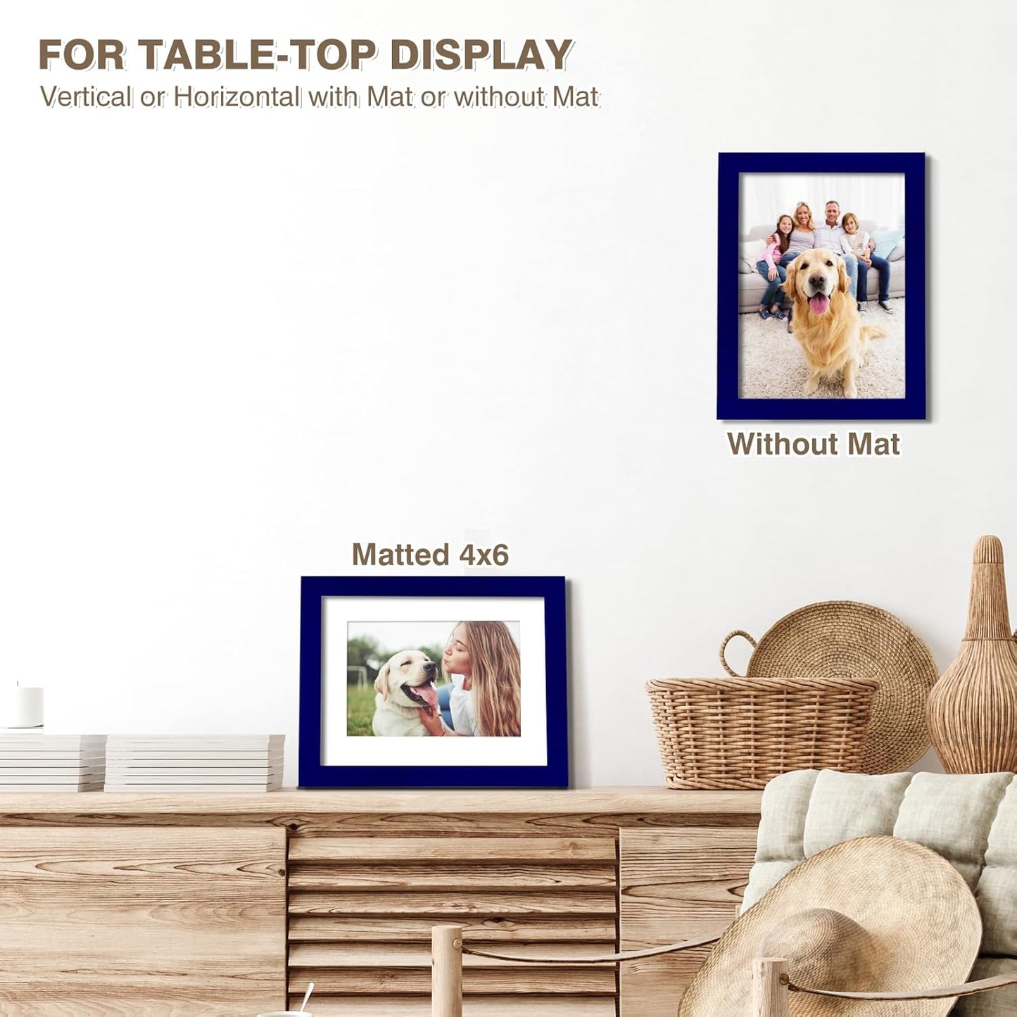 KINLINK 6x8 Picture Frame Navy, Solid Wood Frames with Acrylic Plexiglass for Pictures 4x6 with Mat or 6x8 without Mat, Tabletop and Wall Display Photo Frame, Set of 4