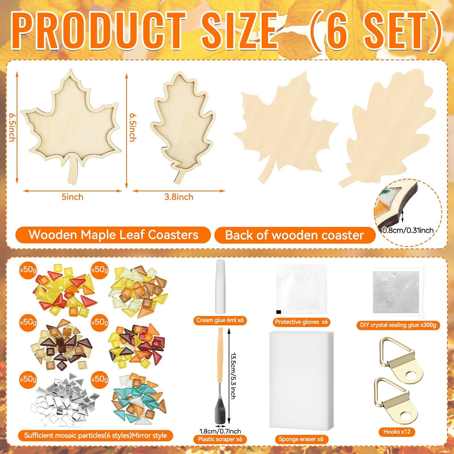 Honeydak 6 Sets DIY Glass Mosaic Tiles with 6 Wooden Coasters Making Mosaic Crafts Material Package Mixed Stained Glass for Handmade Colorful Home Decor Gift Indoor(Maple Leaf,Autumnal Color)