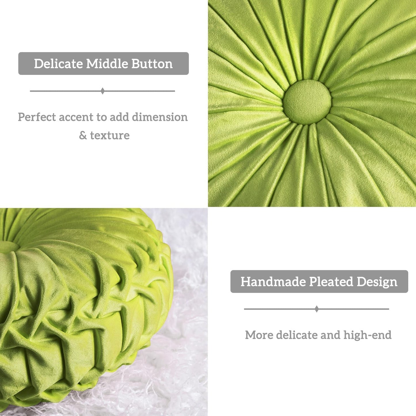 HIG Set of 2 Decorative Round Pleated Throw Pillows,Classy Accent Pumpkin Throw Pillows with Center Button,Vintage Velvet Floor Pillows for Sofa Vanity Chair Bed,Apple Green,14.5" Diameter(Ripple)