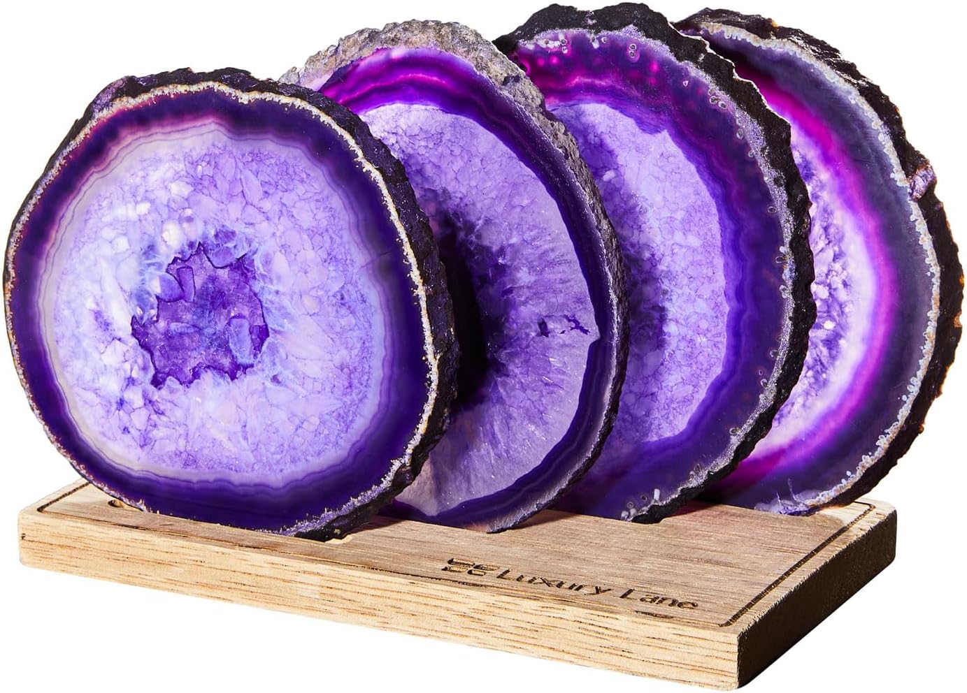 Luxury Lane Set of 4 Large Natural Brazilian Agate Slice Geode Rock Stone Drink Coasters with Wood Holder 4.3-4.7 inch Centerpiece Table Decoration, Amthyst Purple