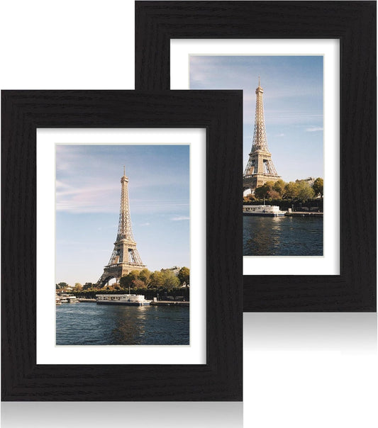 iRahmen 5x7 Picture Frame Set of 2, Black Wood Photo Frame with High Definition Glass, Display Pictures 4x6 with Mat or 5 x 7 Without Mat for Tabletop and Wall Mounting