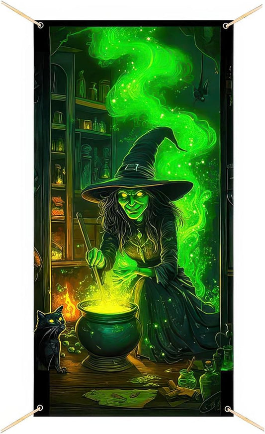 Halloween Door Cover 71x35 Inch Green Witch Black Cat Potion Room Hanging Banner Spooky Halloween Door Banner for Indoor Front Porch Wall Haunted House Party Decor